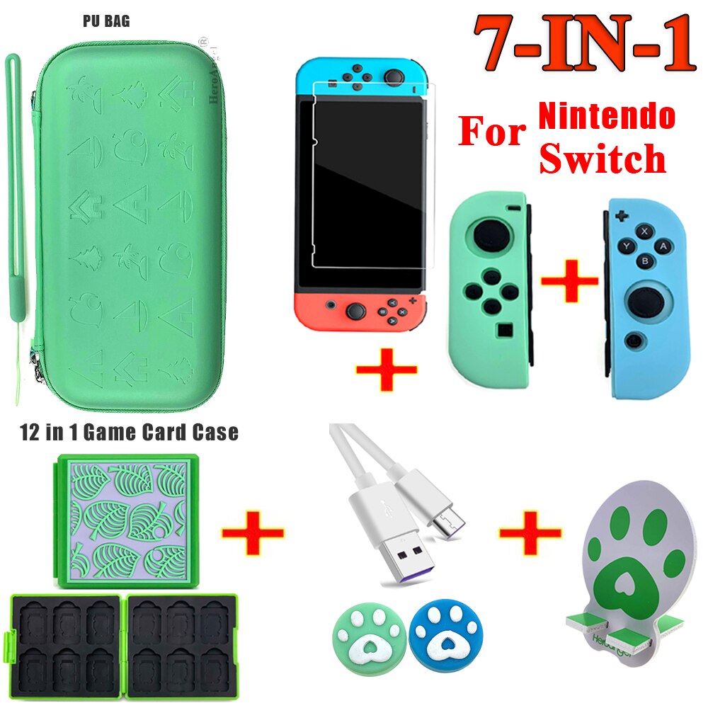 7 IN 1 Sakura custodia IN PU rosa per Nintendo Switch / Lite custodia da viaggio custodia IN pelle per Nintendo Switch accessori protettivi: Switch 7 in1 Green B