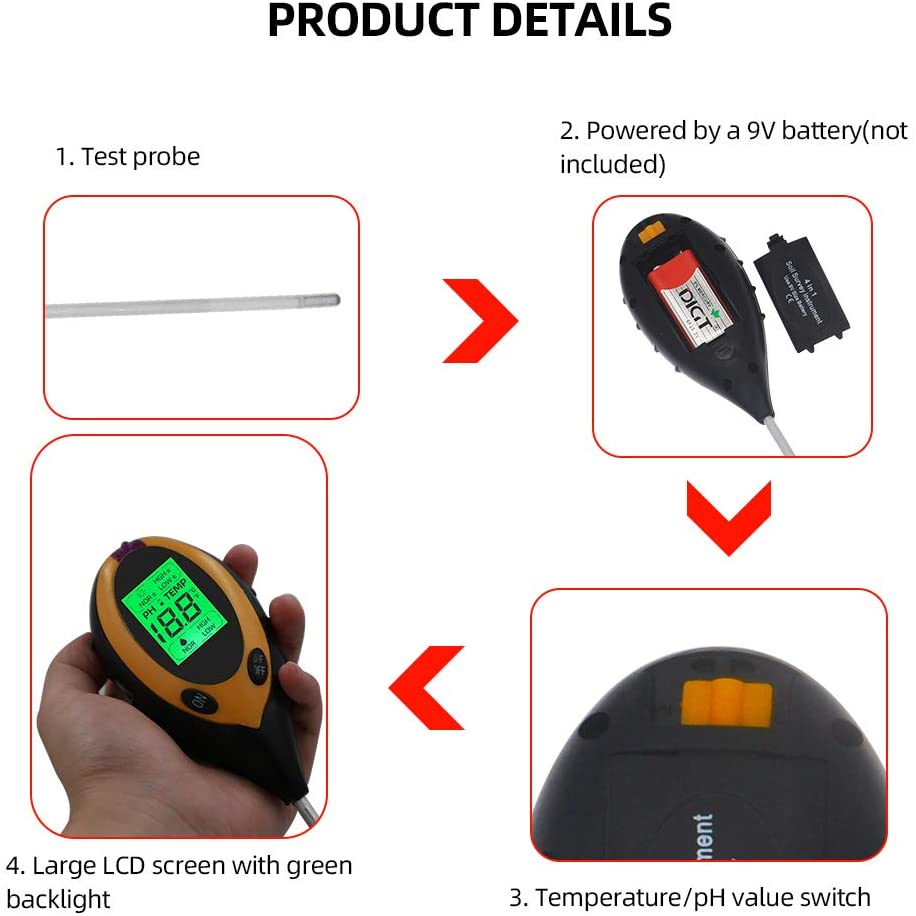 Probador de pH del suelo 4 en 1, medidor de humedad, Kit de probador de suelo de plantas con PH, luz y acidez de humedad para flores
