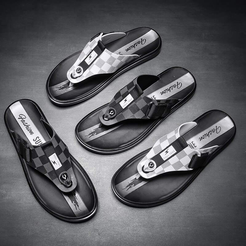 Märke flip flops tofflor herr strand svart läder herr sandaler rutschkanor sommar herr skor hem pantoufle homme cuir