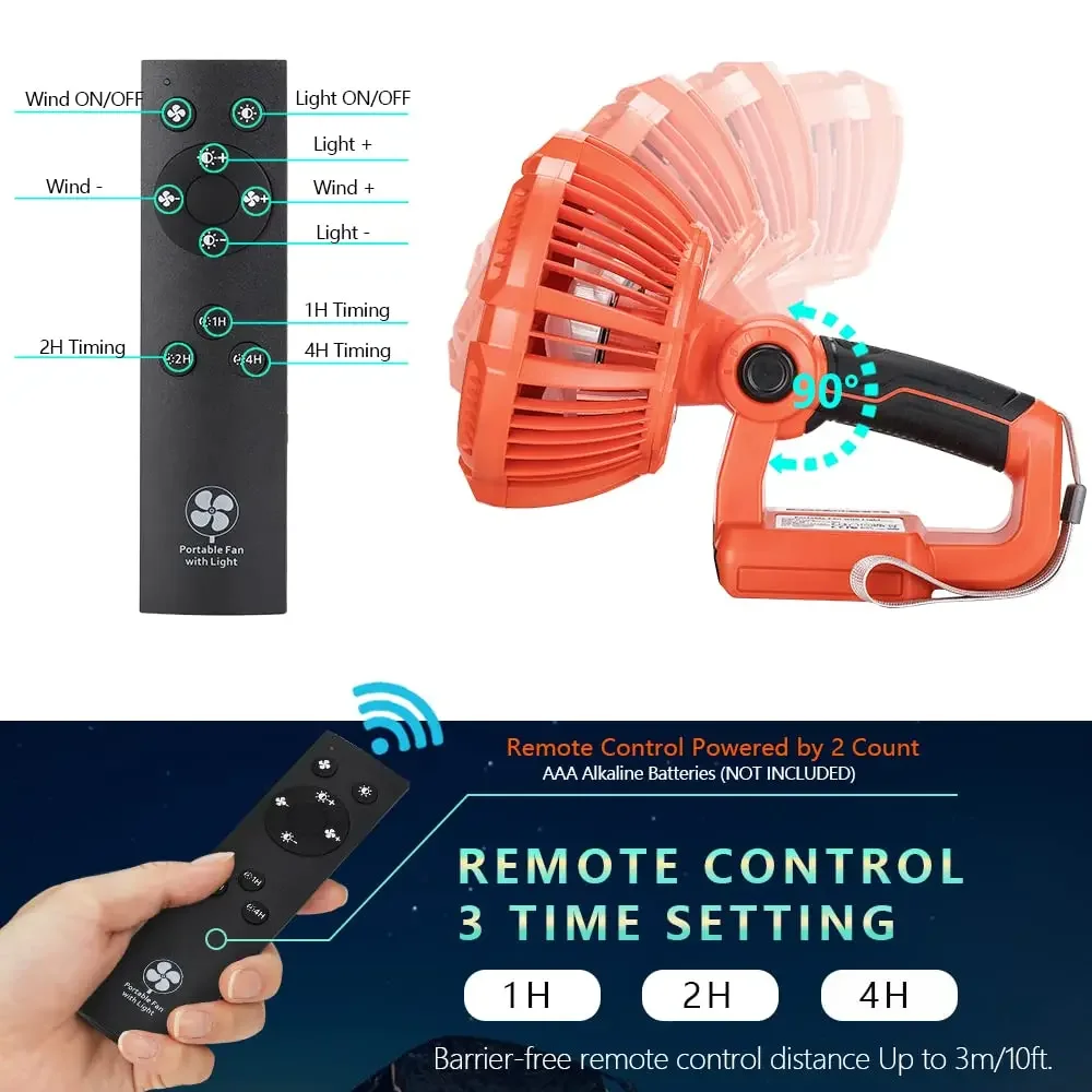 Tragbarer Campingventilator für Schwarz Decker, 20 V Akku, tragbarer Zeltventilator, 3 Geschwindigkeiten, 3 Modi, verstellbare LED-Leuchten mit Fernbedienung
