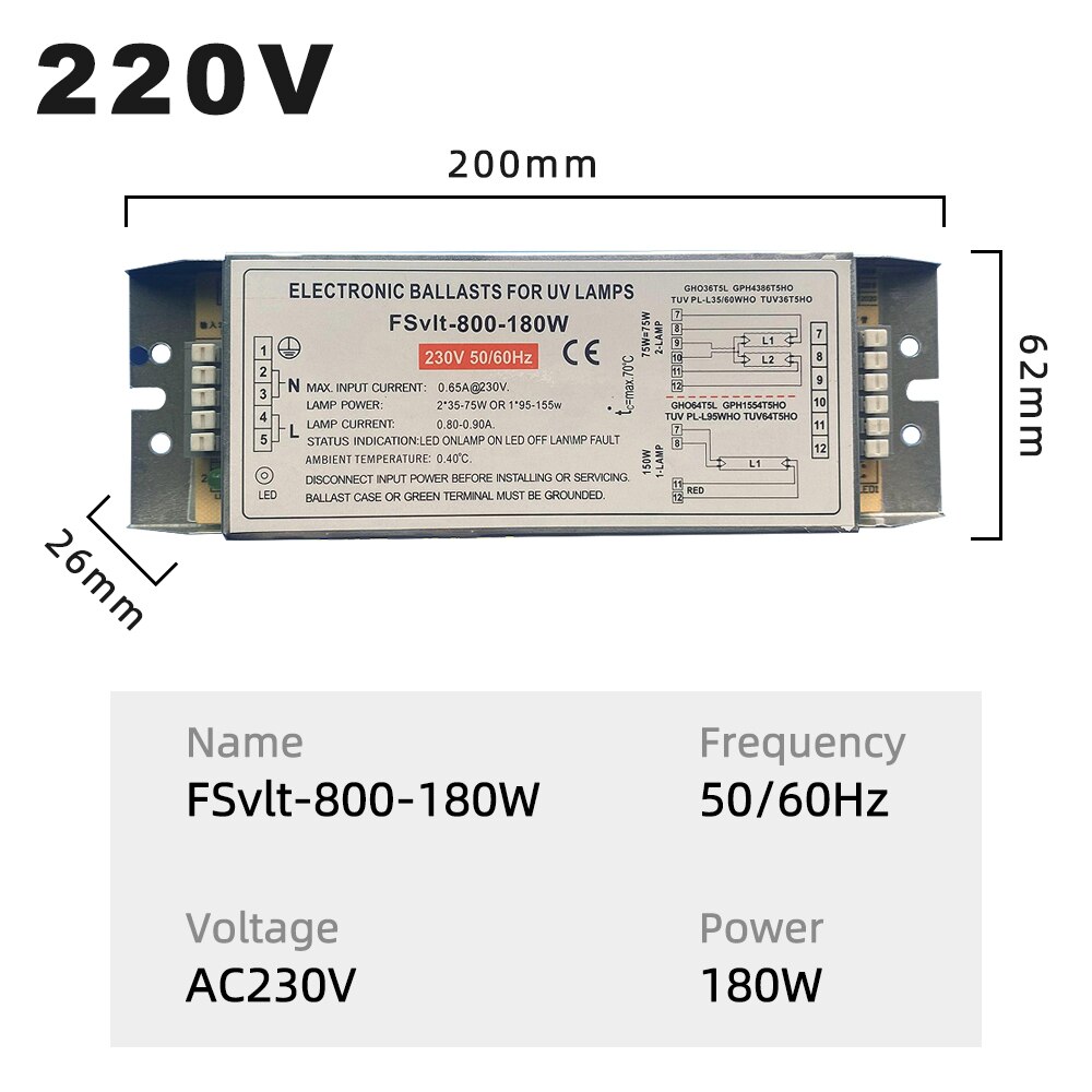 AC220V 180W Evg UV Lampe Ballast 2G11 Uv Sterilisieren Licht Ballast Für 4 Pins Platz Uv Licht