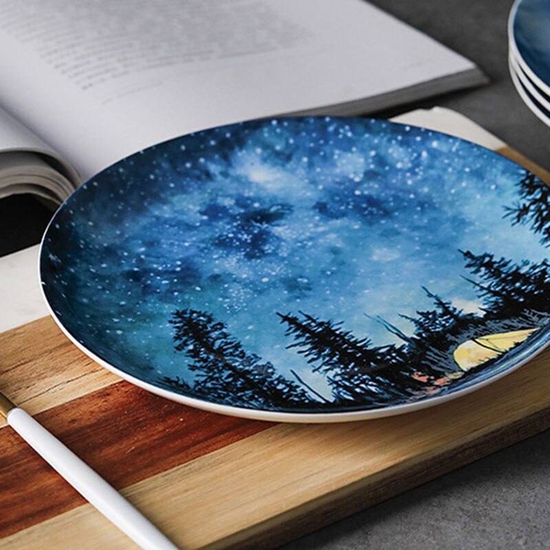 stary Dinner Plate Ceramic Dish Steak Salad Tray Dessert & Bread Plate Home Decor round Dish Specialty Plates fruit cake pastry