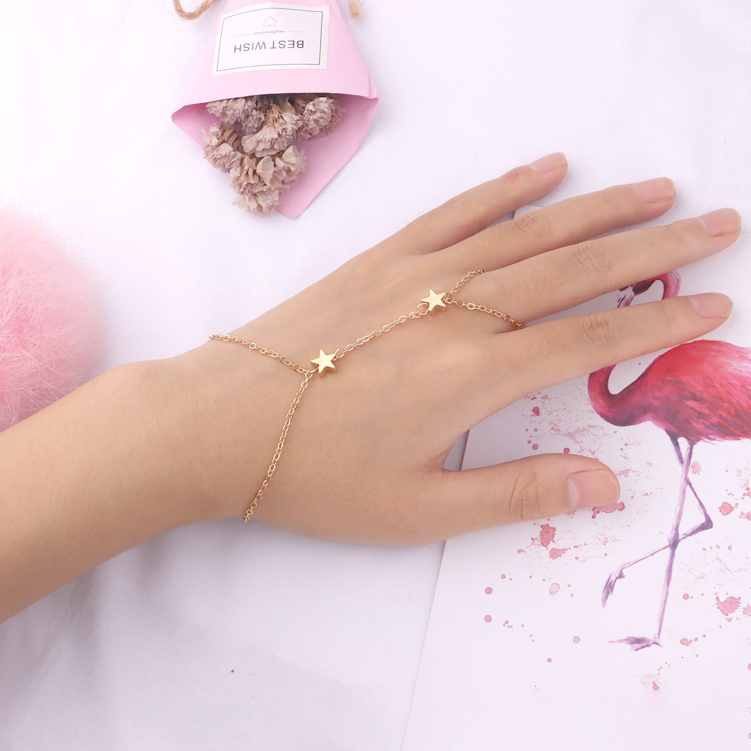 Bracciale a catena con ciondolo a stella semplice Link collegato braccialetti ad anello largo in metallo dorato per gioielli da donna con cinturino a mano