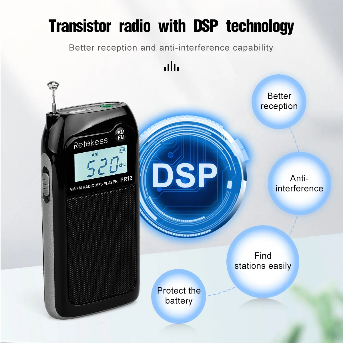 RETEKESS PR12 Radio FM AM Mini Pocket USB Radio MP3 Tragbarer Empfänger Hintergrundbeleuchtetes Display Digitale Stereo-Unterstützung TF-Karte für ältere Menschen
