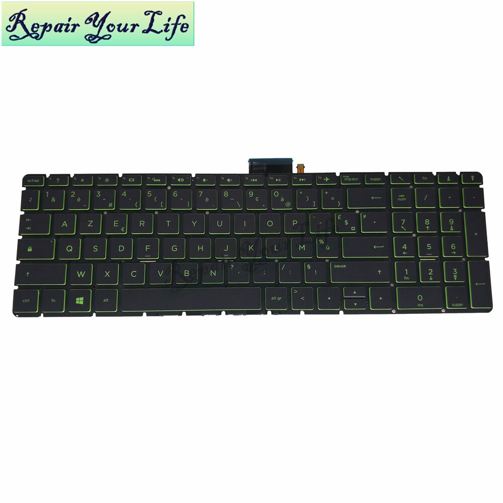 Azerty lys tastatur til hp envy  x360 15m 15-bp00 15-bp015 15-bs 15-bw 250 g6 fr fransk nsk.xdhbq sort kb grønne taster baggrundsbelysning