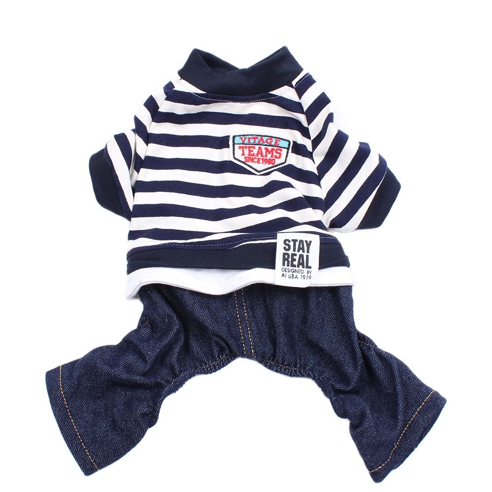 Classic Striped Pet Jumpsuit Dog Hoodie Denim Pants Cat Puppy Coat Jacket Autumn/Spring Clothes Apparel