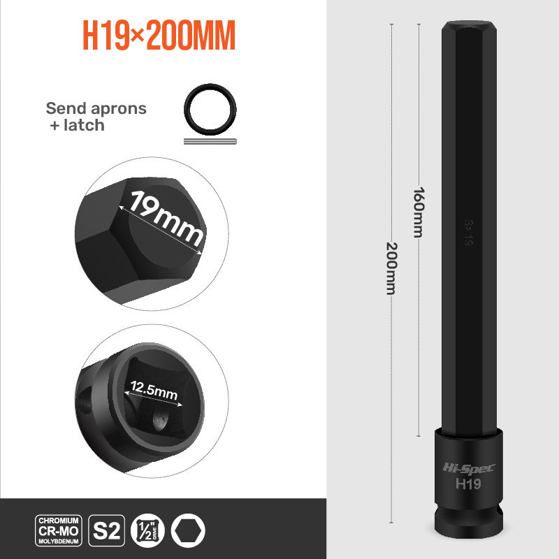 Hi-Spec 200MM Extended Socket Sets 1/9pc Hexagon Socket Length Adapter 1/2" CR-MO Hex Head Screwdriver Bits H4-H19 With Magnetic: H19