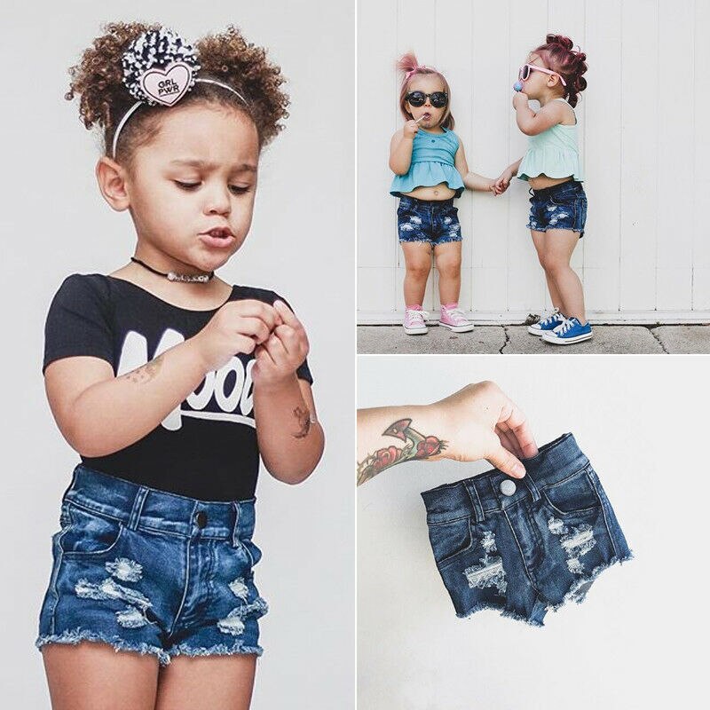 Pantalones vaqueros rasgados elásticos para niños y niñas, pantalones cortos vaqueros deshilachados, pantalones calientes,
