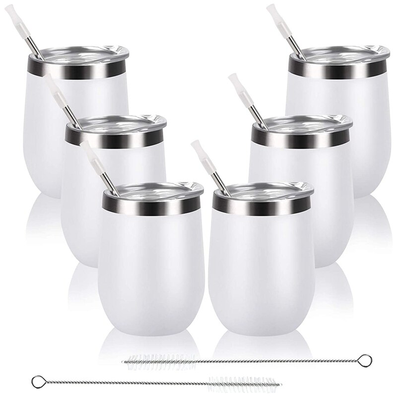 6 Pack Stainless Steel Wine Tumbler Wine Glass, 12Oz Double Wall Vacuum Insulated Wine Tumbler With Lid Straw: Light Grey
