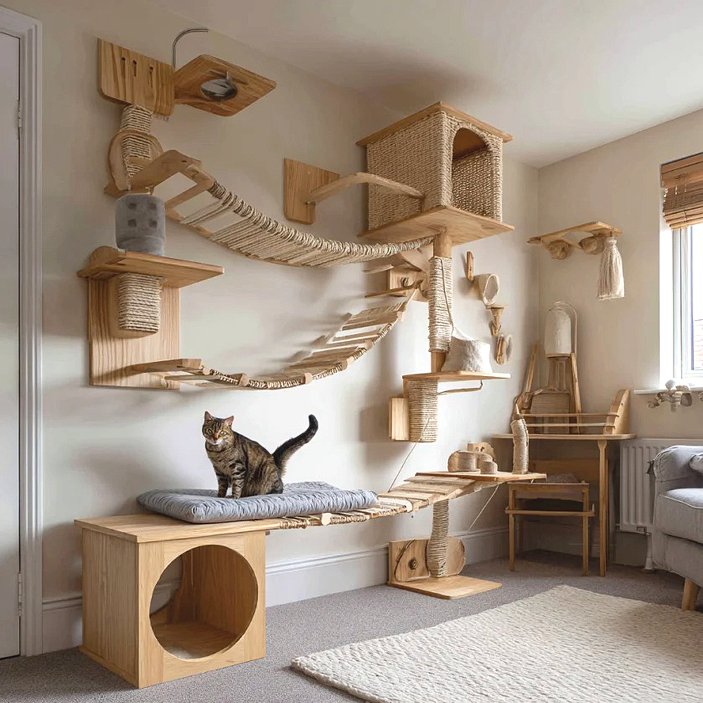 Wall-Mounted Cat Wall Climbing Shelves Set Wooden Cat Trees Tower Scratcher Jumping Platform Indoor Cats Gym Accessories Toy