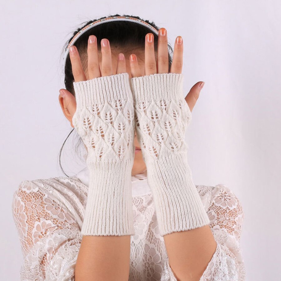 Guanti da donna eleganti scaldamani guanti invernali braccio da donna uncinetto a maglia guanto finto scaldamuscoli caldi senza dita guanti: WHITE