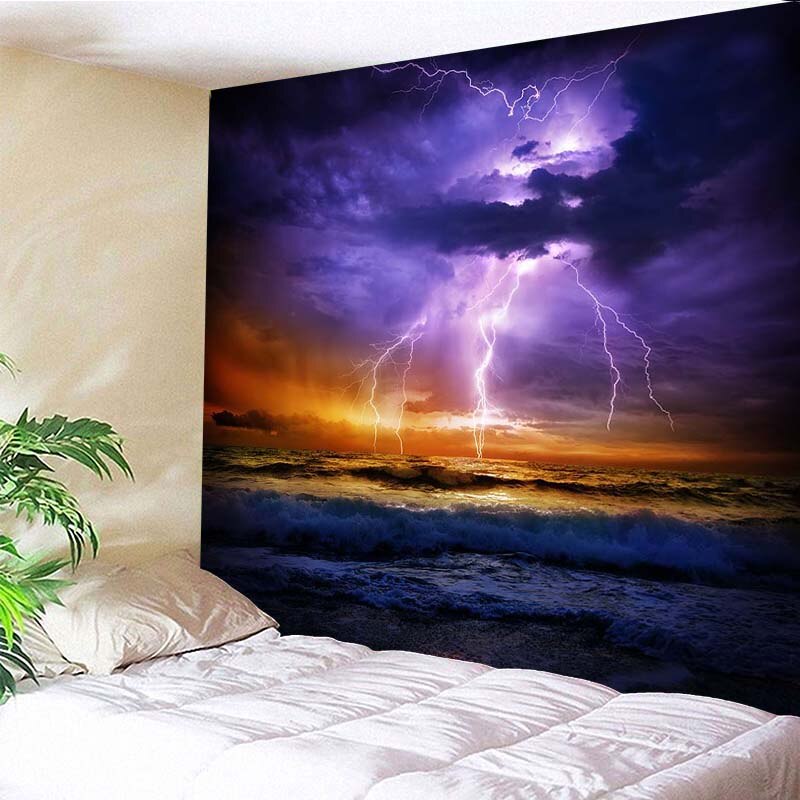 Tapiz decorativo para colgar en la pared, Ola de mar, trueno y relámpago impreso, decoración para el hogar, tapiz de pared con impresión para colgar en la Sala: 150x130cm / Style 2