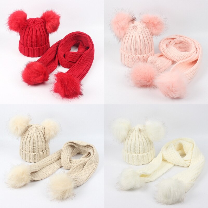 Småbarn barn vinter varm ribbad stickad mössa med lång halsduk set enfärgad söt dubbel pom pom öron manschett skalle mössa
