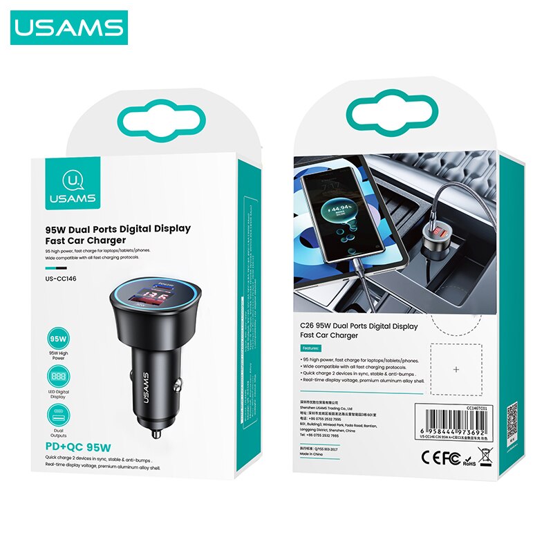 USAMS 95W Aluminium Snelle Opladen Autolader Voor Iphone Xiaomi Huawei Samsung Laptops Tabletten Usb Een C Poorten autolader