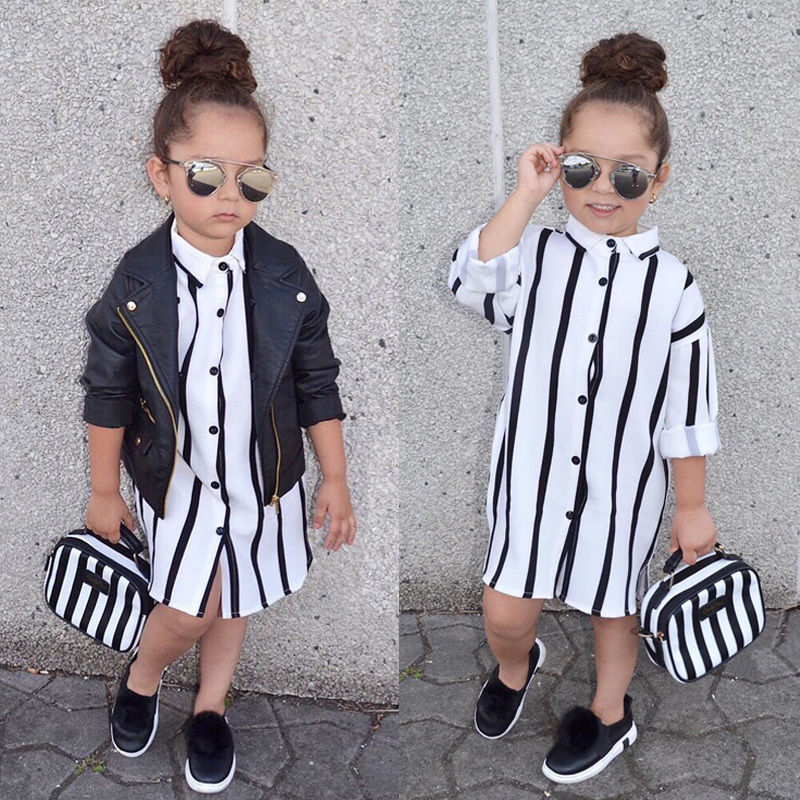 Girl Striped Dress Kid Long Sleeve Buttons Shirt Girls Dresses Toddler Clothes