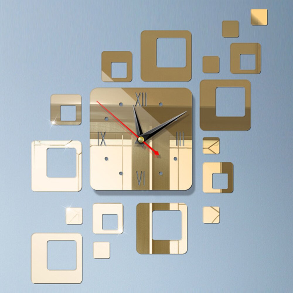 Spegel väggklocka fyrkantig sovrum spegel klocka väggklocka klistermärke akryl 5 färger geometri väggmålning heminredning diy tv bakgrund