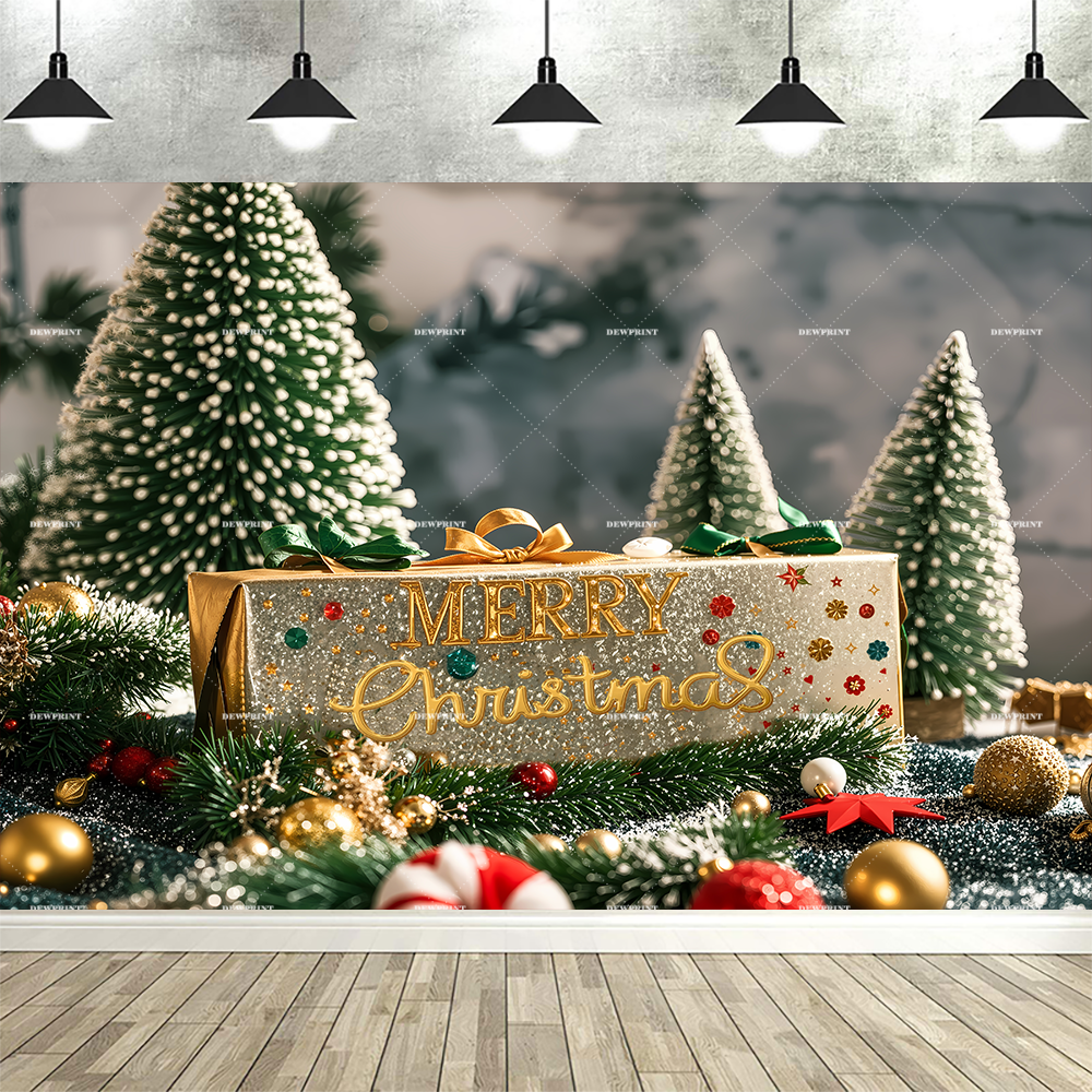 Natal pano de fundo vermelho para fotografia bola de natal presentes sino pinheiro verde neve rústica ano novo festa de família decoração fundo: Dourado / 150 * 125