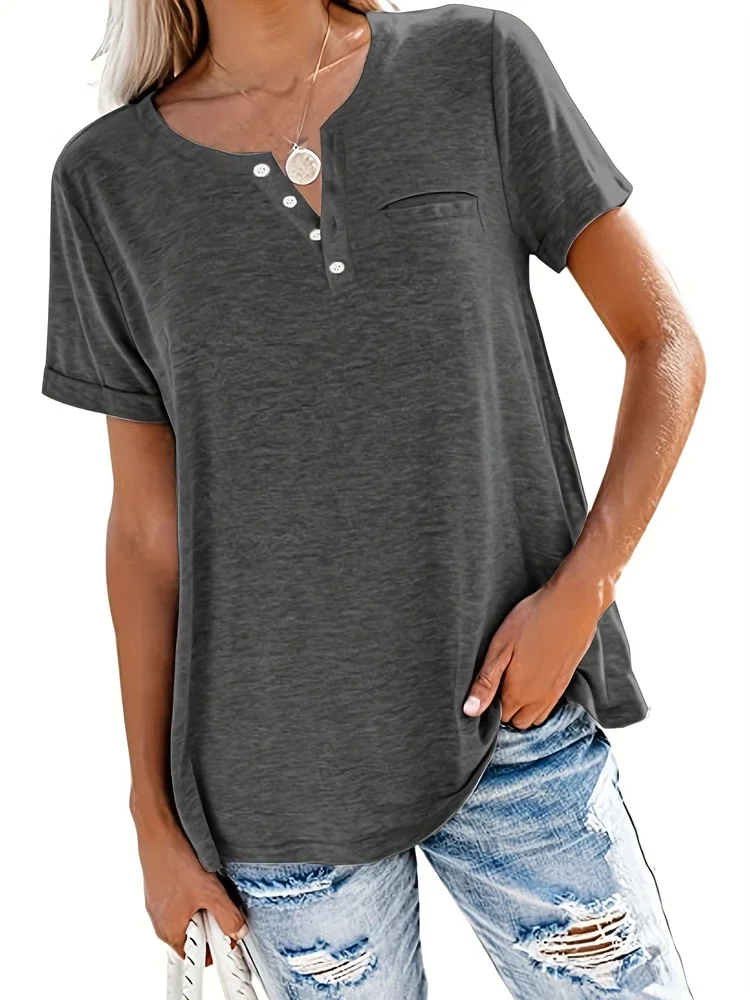 Plus Size 1XL-8XL Women's Loose Tops Ladies Casual V-neck Short Sleeve Pocket T-shirt Spring and Summer Style: 3XL / Dark Grey