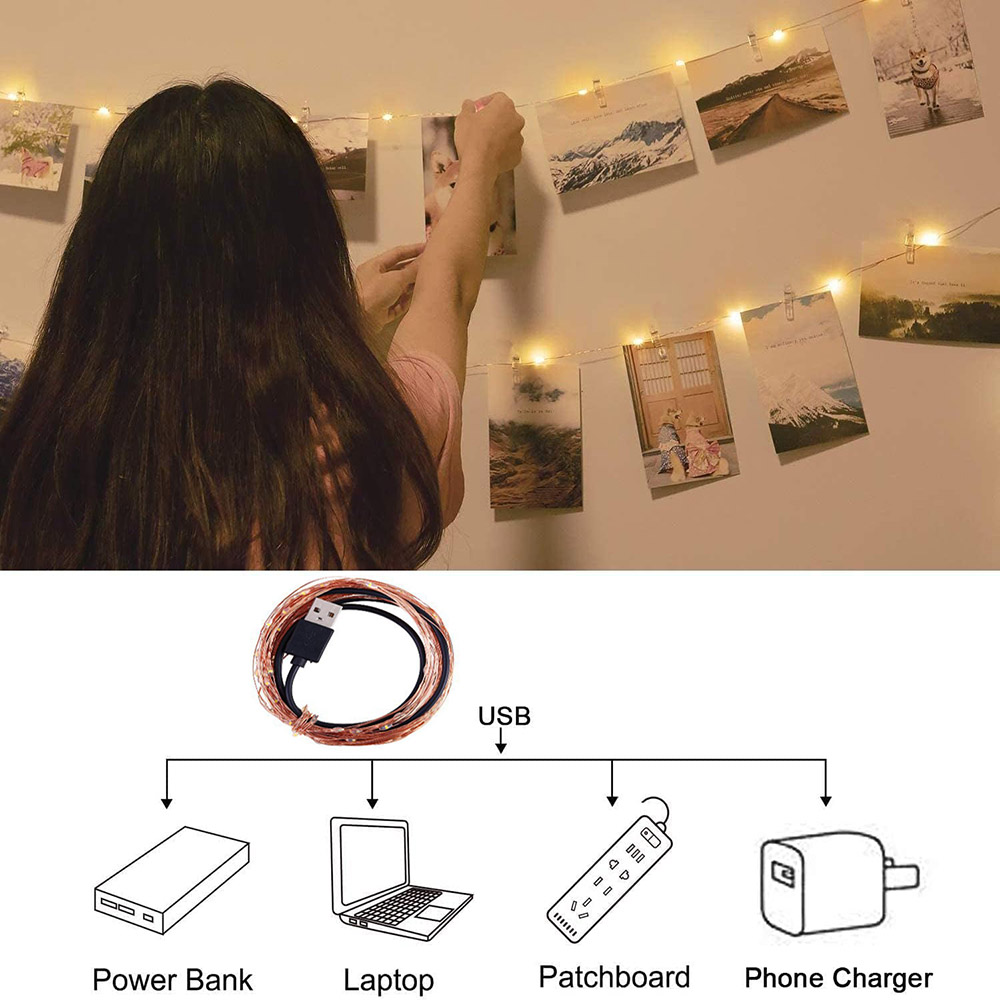Photo Clip String Lights LED Fairy Lights Picture Clips USB Powered String Light with Clips for Bedroom Christmas Party Decor