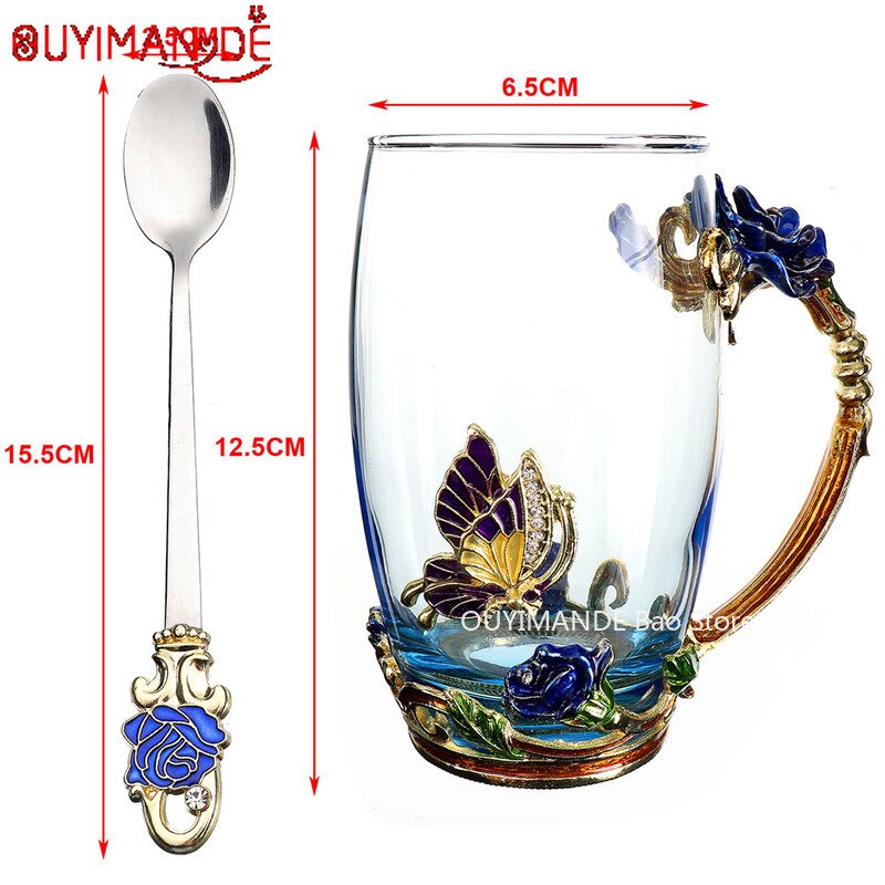 Bleu belle papillon émail tasse à café fleur thé verre tasses boisson chaude et froide thé tasse cuillère ensemble parfait de mariage: S