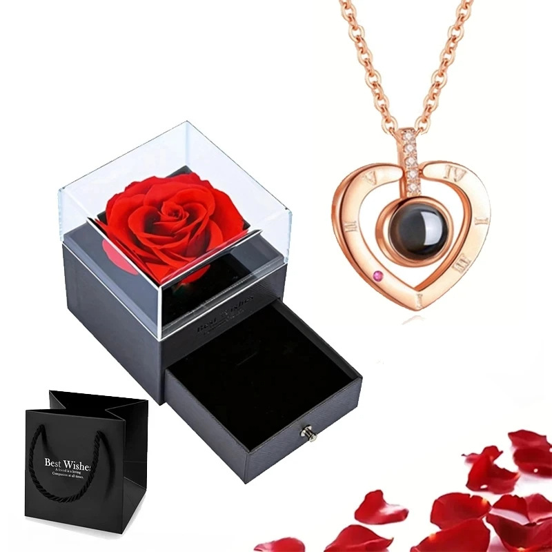 impostato di collane di proiezione con confezione regalo di rosa 100 lingue Ti amo Gioielli con ciondolo a forma di cuore Accessori di vendita caldi Dropshipping: Oro-colore