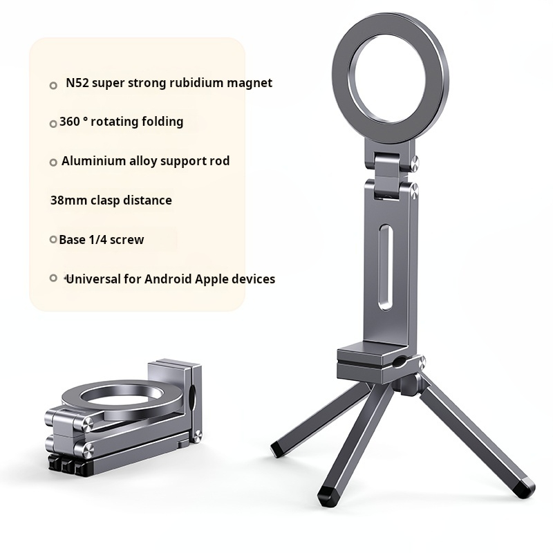 Foldable Magnetic Phone Tripod Holder, Aluminum Alloy Portable Stand for IPhone & Android Travel Video Shooting Desk/Plane Train: black