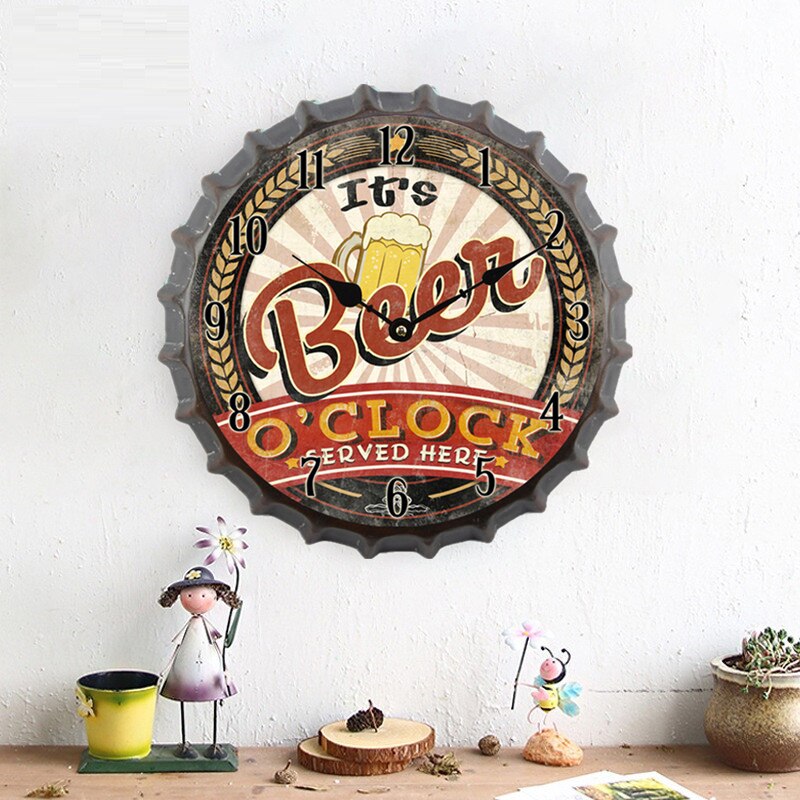 35cm Bottle Cap 3D Wall Clock Retro Beer Wine Modern Iron Metal Silent Quartz Clocks Bar Living Room Home Decor