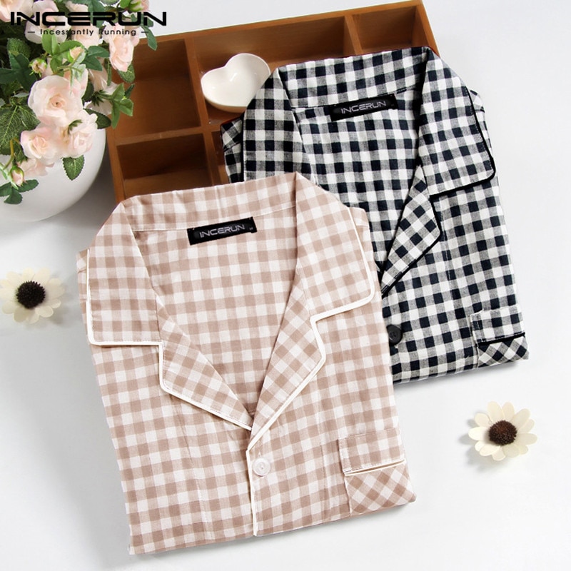 Sommar pyjamas set herr rutig kavaj knapp kortärmad bomull nattkläder toppar shorts mjuka unisex hemkläder pyjamas set incerun