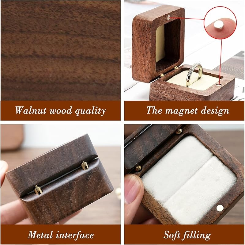 Luxe ringdoos van walnotenhout voor het opbergen van enkele/dubbele oorbellen/manchetknopen, een prachtige trouwringdoos voor diamanten.