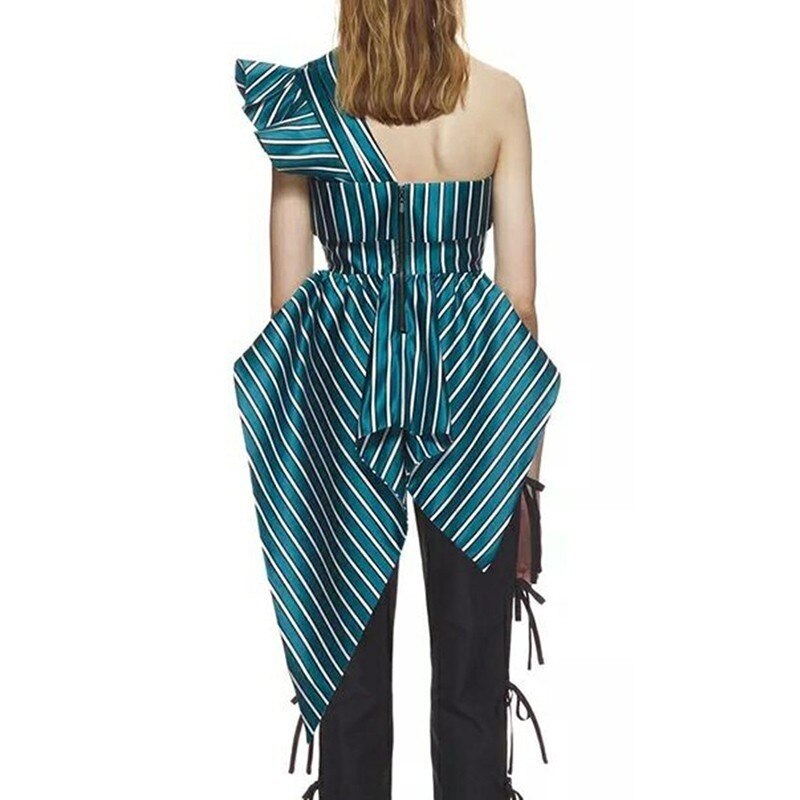 Vgh Lente Onregelmatige Korte Vrouwen Blouse Mouwloze Skew Kraag Vlinder Zoom Terug Rits Vrouwelijke Overhemd