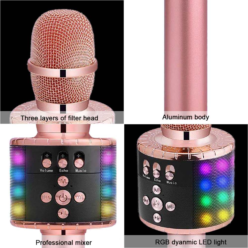 7 Colors Led Light USB Bluetooth Wireless Pink Microphone Speaker Handheld Microphone Ktv Karaoke Mic Music Player