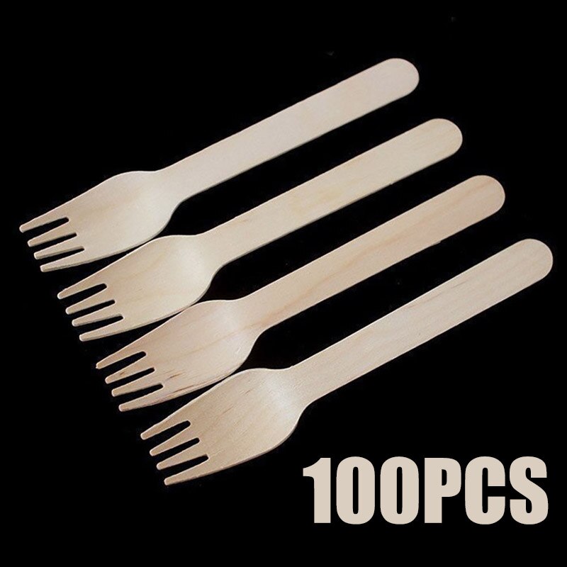 Wooden Disposable Cutlery Forks Spoons 100Pcs Party Dessert Utensils Tableware Wooden Fork Flatware Wood Cutlery Pitchfork: 140mm   Fork
