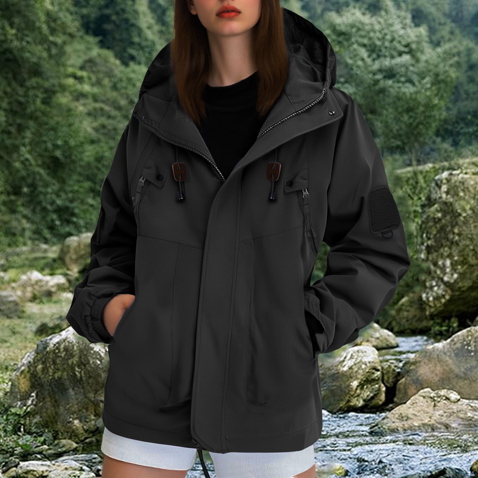 Autumn Hooded Jacket Women Outdoor Windbreaker Casual Waterproof Hiking Jacket Rain Coat Female Tops Outerwear: XL / black