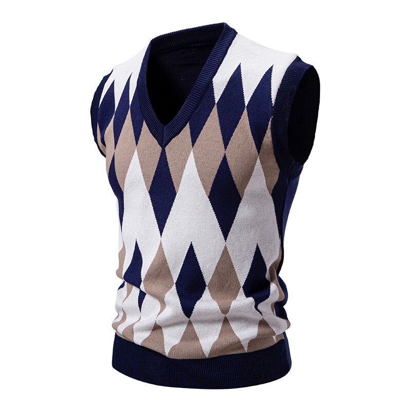 hommes Argyle tricots gilet col en V sans manches décontracté coupe ajustée pull tricoté pull gilets légers: XXL / Marine Bleu