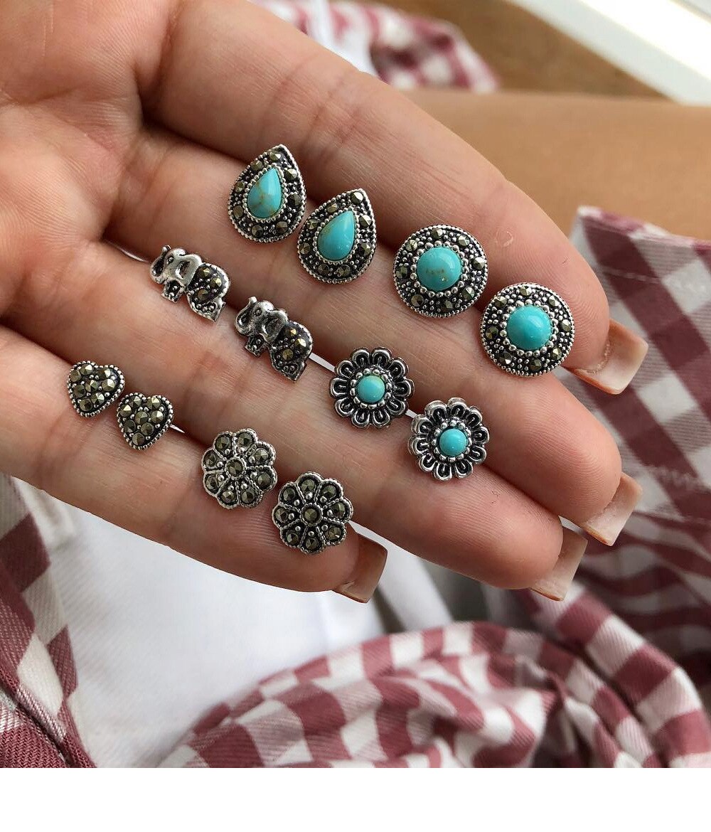 Böhmen Geometrische Kleine Stud Ohrringe Set Für Frauen Shell Blume Stern Hand Charme Ohrringe Mädchen Trendy Schmuck: EA063-12