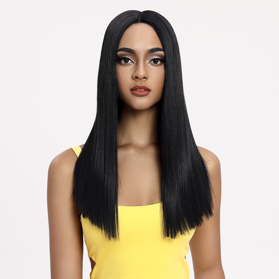 Cabelo mágico 20 "Polegada peruca dianteira do laço do cabelo reto sintético natural linha fina resistente ao calor parte do meio do cabelo da fibra para preto