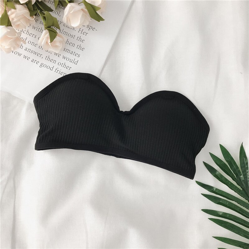 Women Bras Thread Beauty Back Tube Tops Girls Underwear Solid Color Strapless Tube Top Anti-light Female Underwear Bra: Black