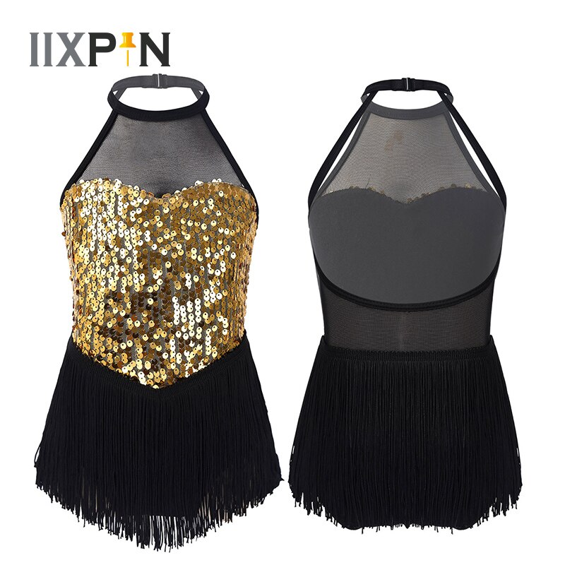 Justaucorps avec jupe à franges pour petites filles, paillettes scintillantes, danse latine, Jazz, col licou, figurine, patinage à glace, Roller, Roller