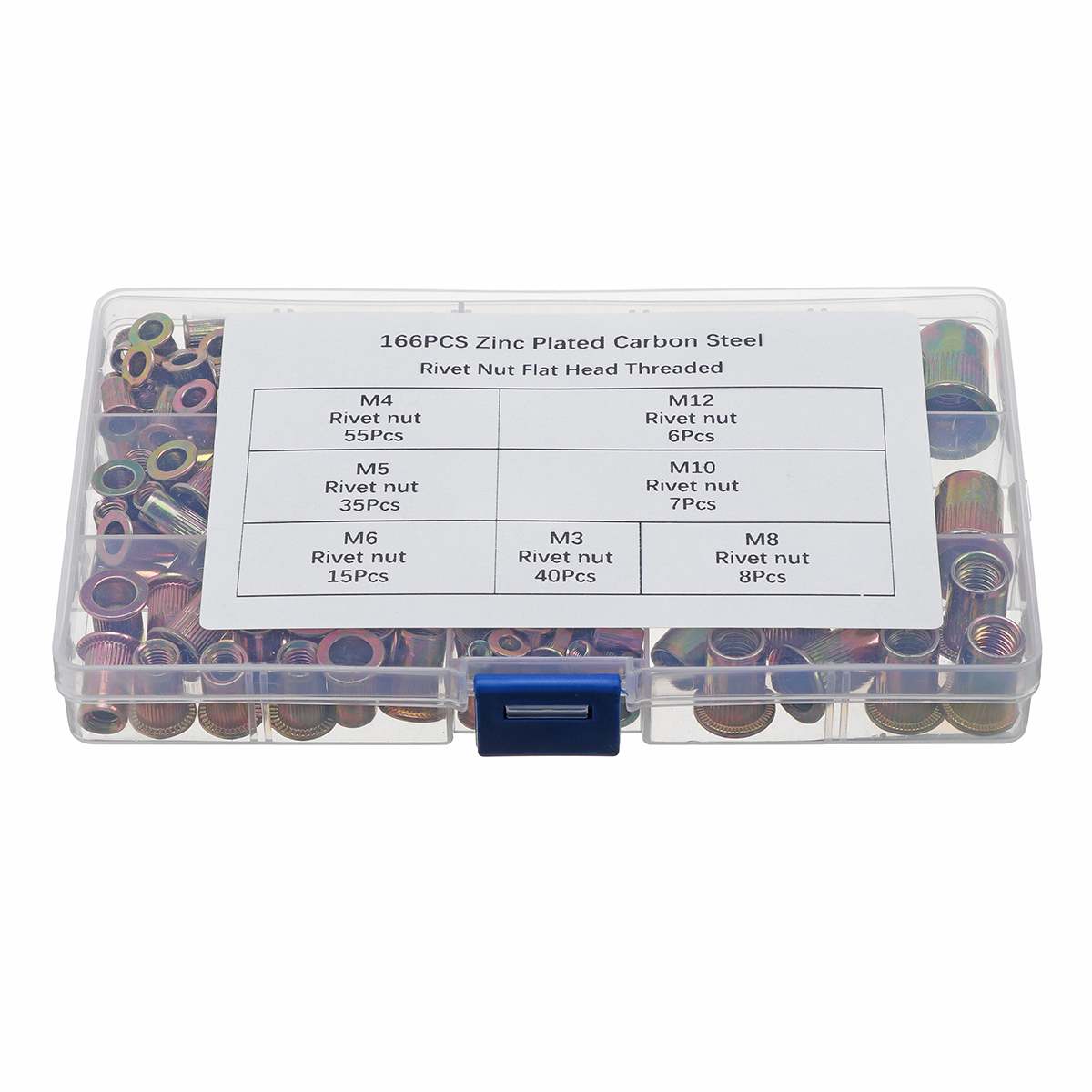 166pcs M3 M4 M5 M6 M8 M10 M12 Carbon Steel Rivet Nuts Insert Rivets Multi Size Flat Head Rivet Nuts Set Threaded Insert Nut Kit
