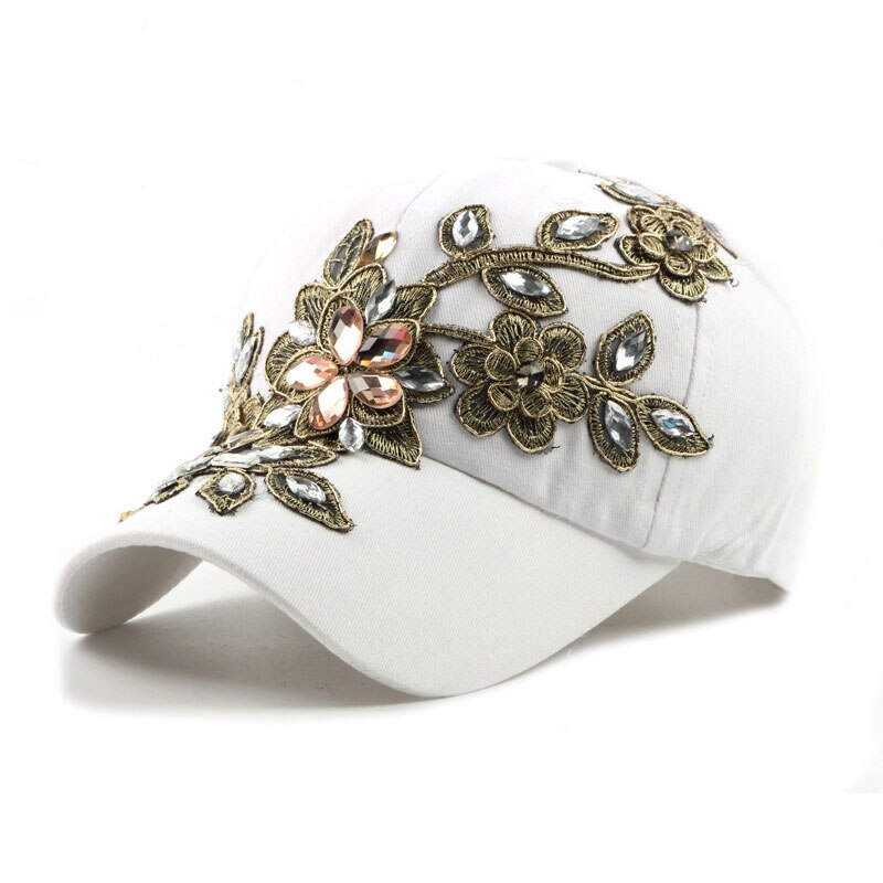 Denim rhinestone kvinders baseball cap vintage luksus blomstermønster gorras kvindelig glas diamant hat: Hvid