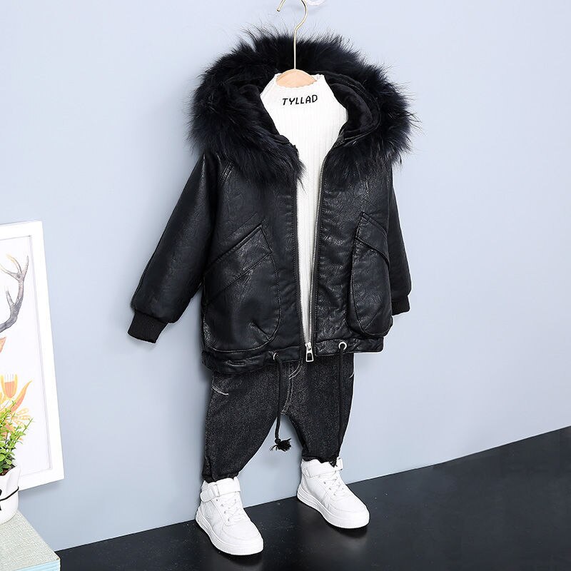Kinderen Plus Dik Fluwelen Lederen Motorjas Kinderen Pu Leer Capuchon Leren Jas Jongens Warme Jassen