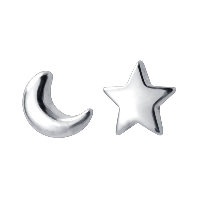 Stamp-pendientes de plata de ley 925 con forma de luna y estrella, joyería sencilla asimétrica, Mini, 5MM x 5MM, para niñas y niños: Default Title