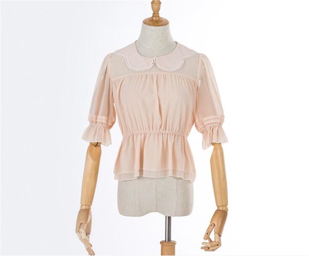 Sød kronbladskrave dame chiffon top halv gennemsigtige ærmer lolita bluse  b343