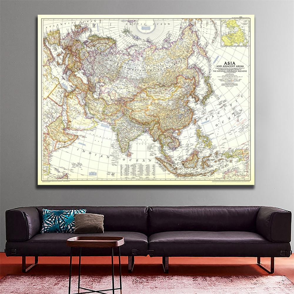 1951 Edition Vinyl Spray Painting HD Map of Asia And Adjacent Areas Living Room Wall Decor Map For Home/Office Art Crafts