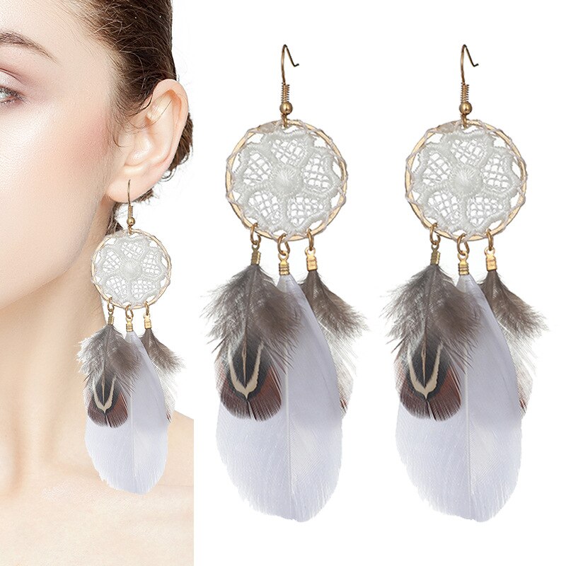 Bohemian Woven Dream Catcher Feather Dangle Earrings for Woman Trendy Boho Long Tassel Earring Wedding Jewelry: E1439-White