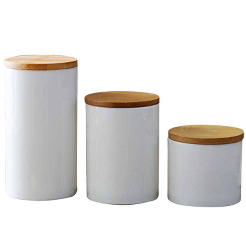 Recipiente de porcelana para el hogar, tarro de cerámica para almacenamiento de alimentos, contenedor autosellante, tapa de bambú hermética, tres tamaños para elegir