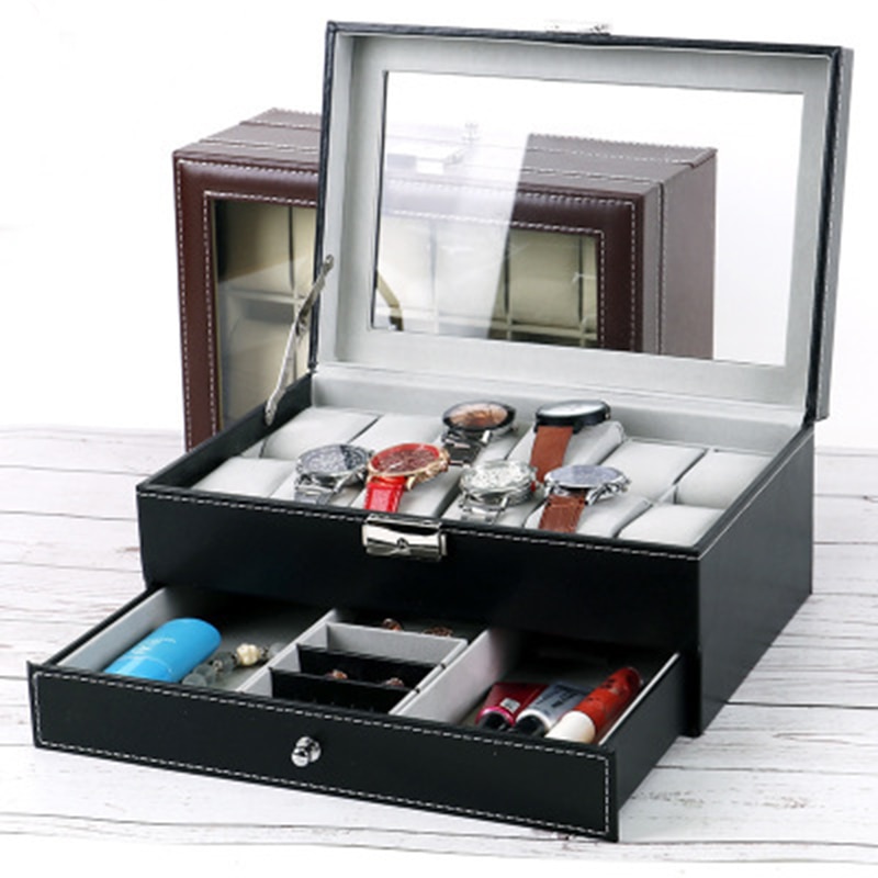 12 Grids luxury Black/Brown color leather men watch box with jewelry holder box