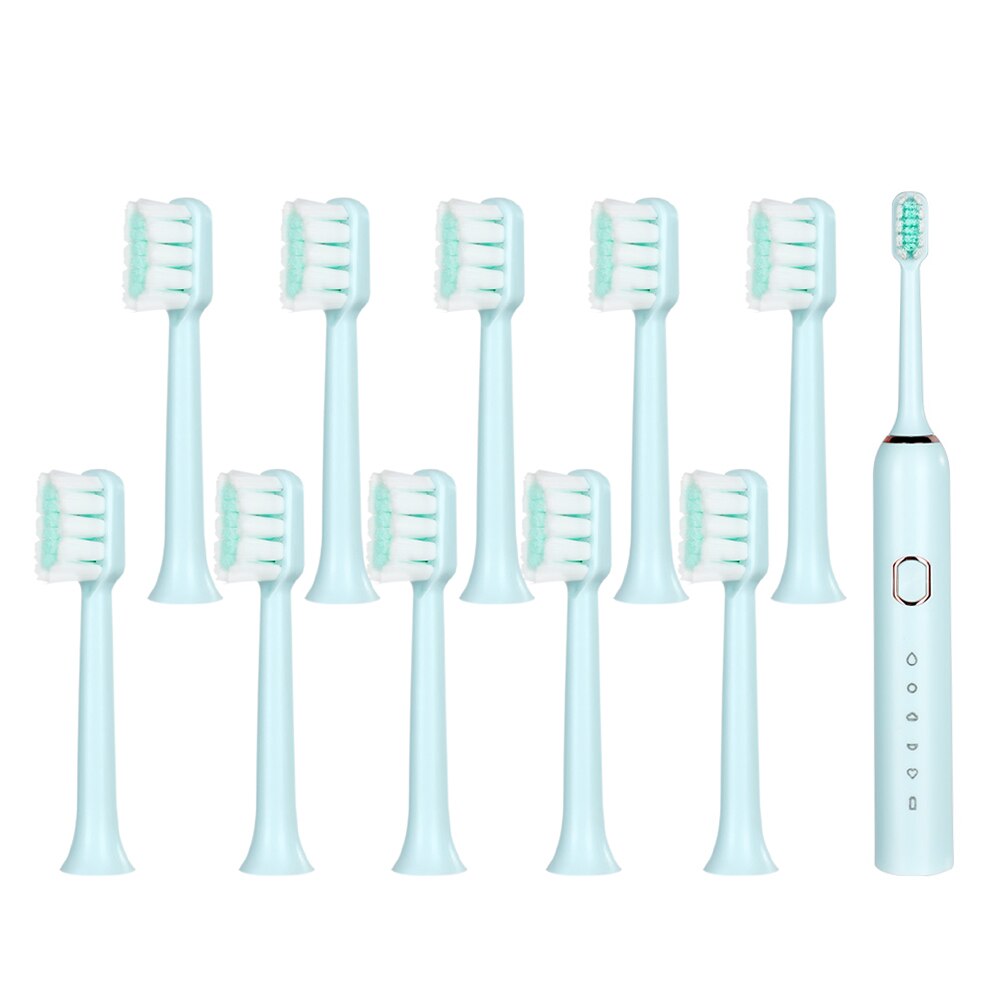 Intelligent Automatic Electric Toothbrush Adult 5 Modes Tooth Brush USB Charging Waterproof Tooth Whitening tooth Heads Set: 1set blue and 10TB