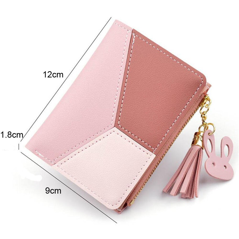 Kvinders kort pung pu læder kontrast kvast lynlås sød kanin mini clutch
