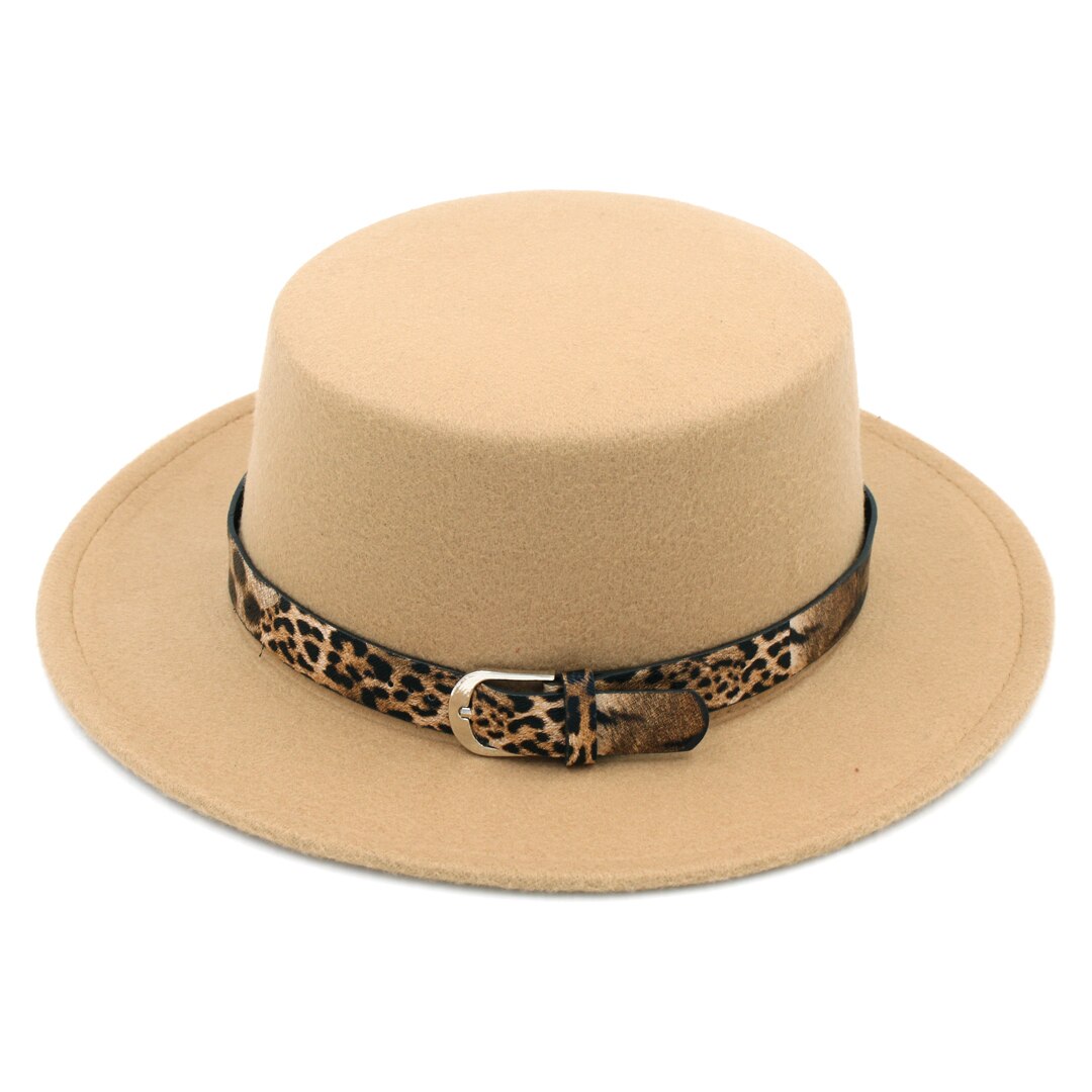 Mistdawn damer kvinder uld blanding sejlerhat sømand bred skygge flade top kasketter bowler hatte leopard læder bånd: Khaki